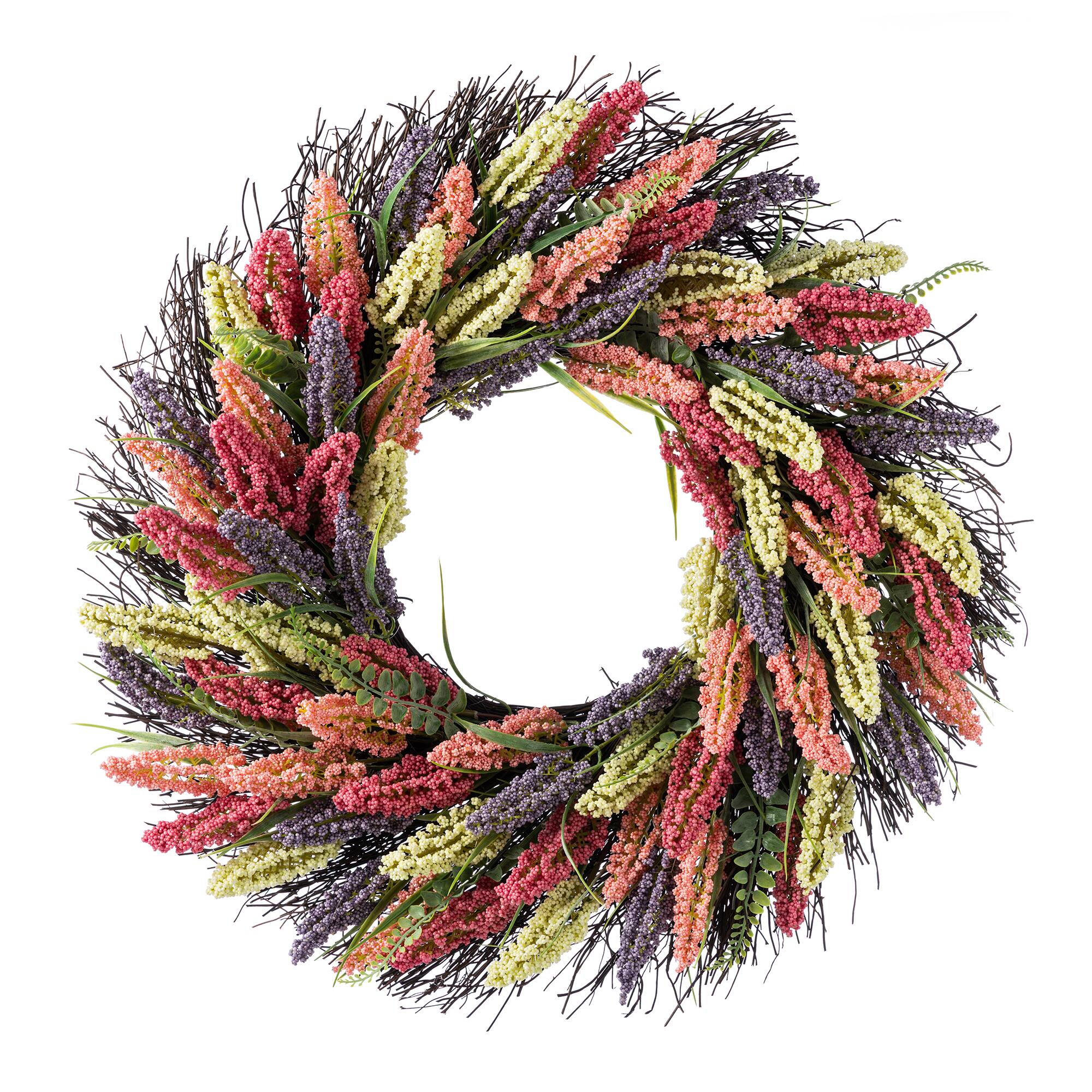 Glitzhome® 24" Pink, Purple & Yellow Heather Wreath with Black Metal Hanger